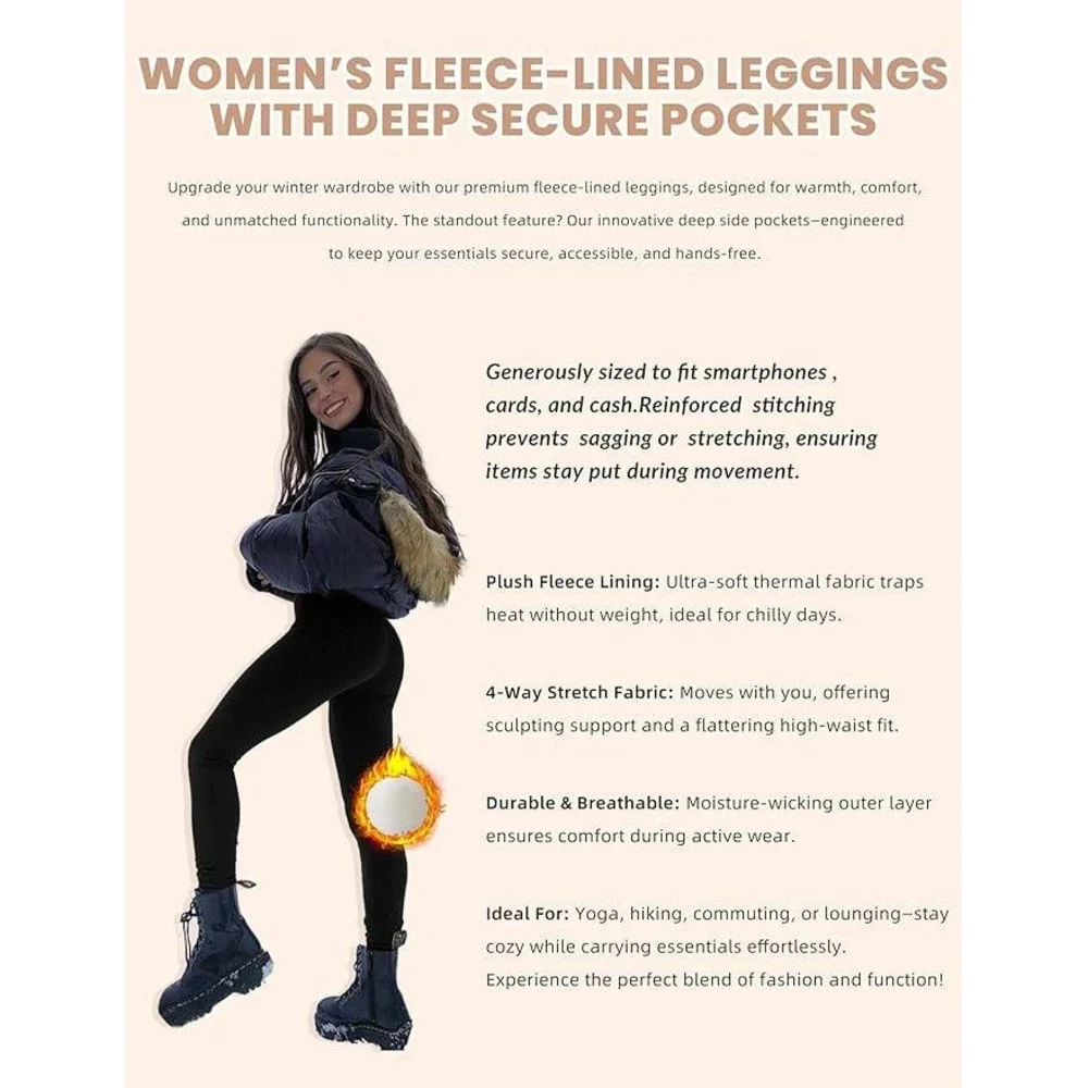 Women's XS Fleece Lined Leggings With Pockets Weather‎ Thick Thermal Warm Winter